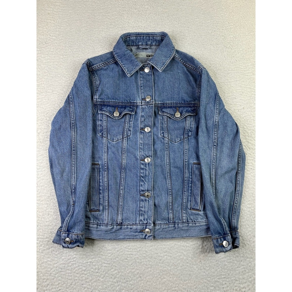 Topshop Moto Denim Jacket Womens Petite Small‎ Blue Jean Classic Button Front
